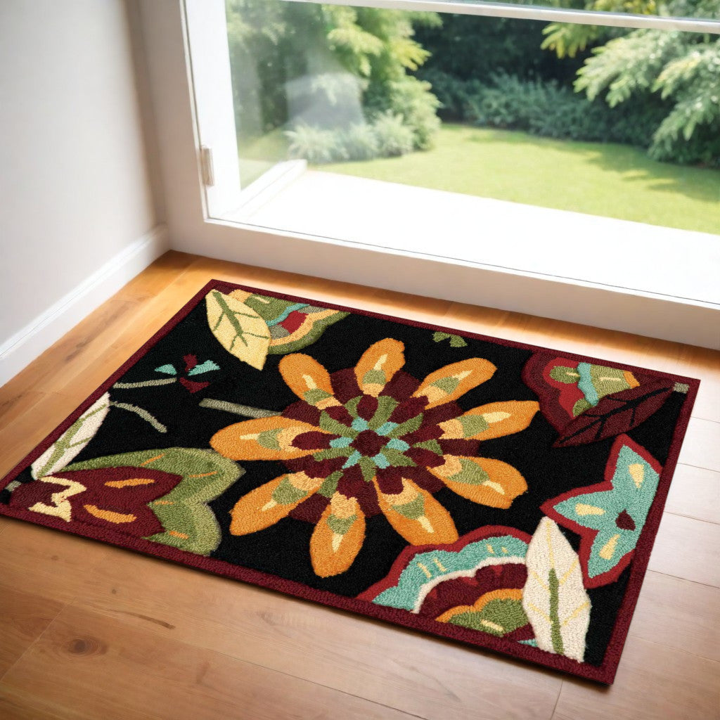 3 X 4 Black and Orange Floral Hand Carved Handmade Area Rug
