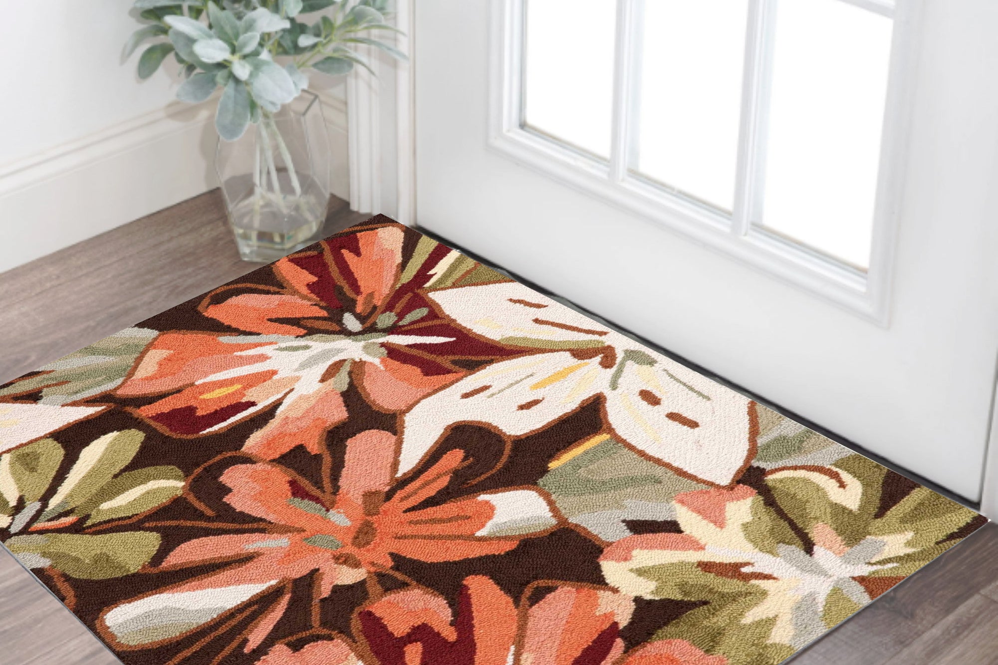 3 X 4 Tan and Dark Brown Floral Hand Carved Handmade Area Rug