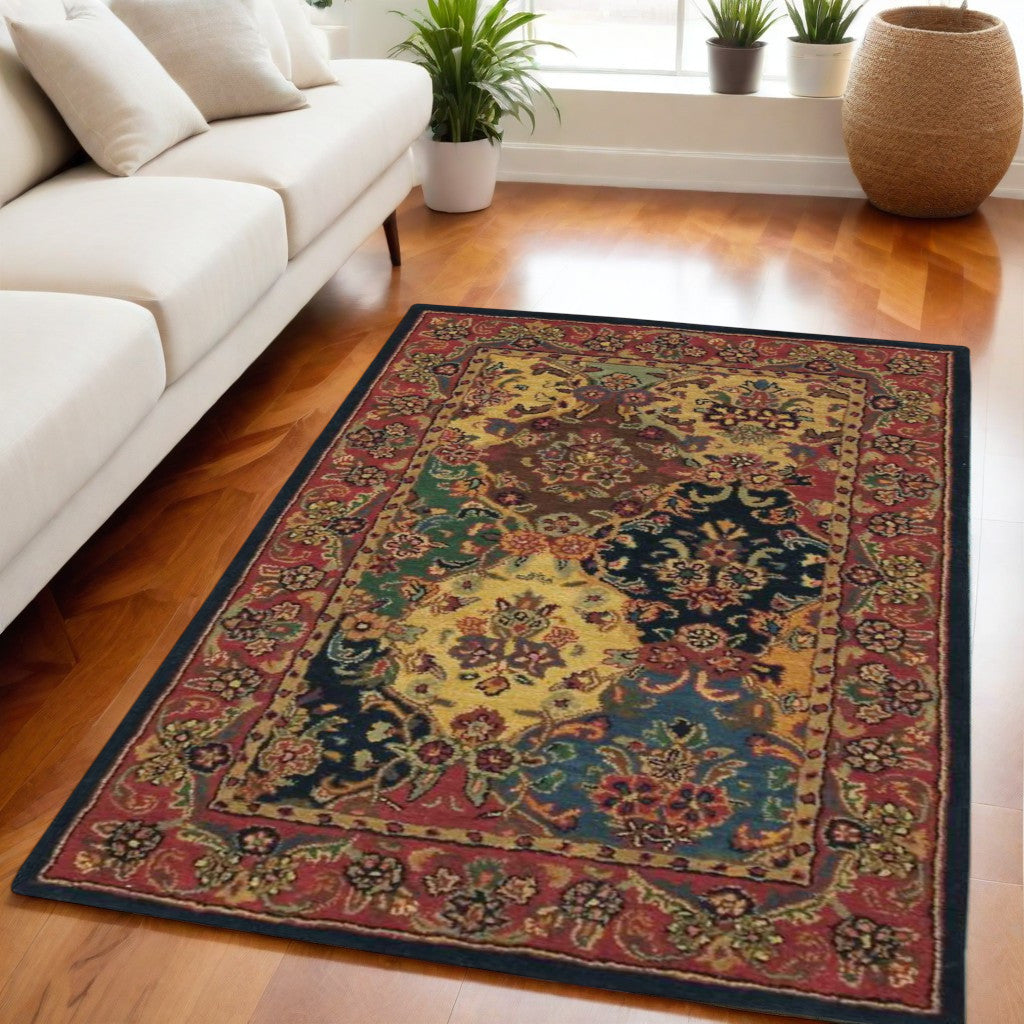 4 X 6 Tan Black and Red Wool Floral Area Rug