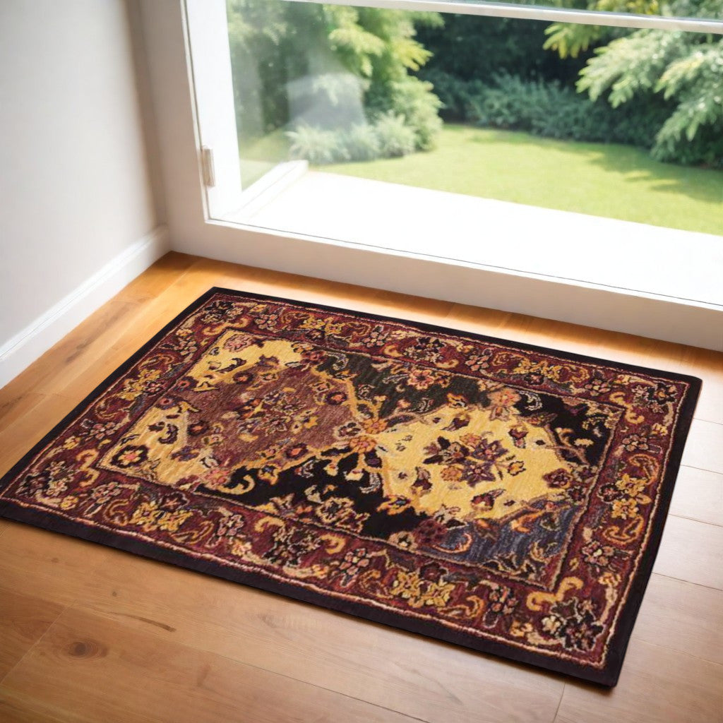 3 X 4 Tan Black and Red Wool Floral Area Rug