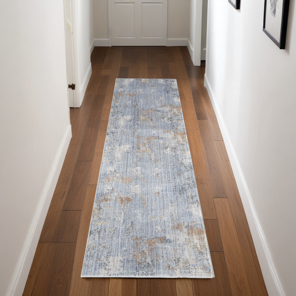 8 Beige Blue and Gray Abstract Runner Rug With Fringe