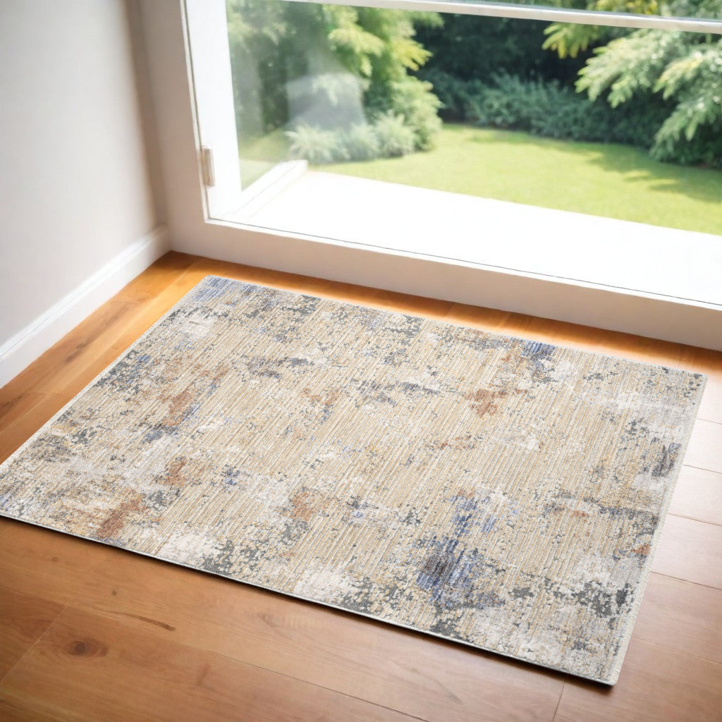 3 X 5 Beige Teal Blue and Gray Abstract Area Rug With Fringe