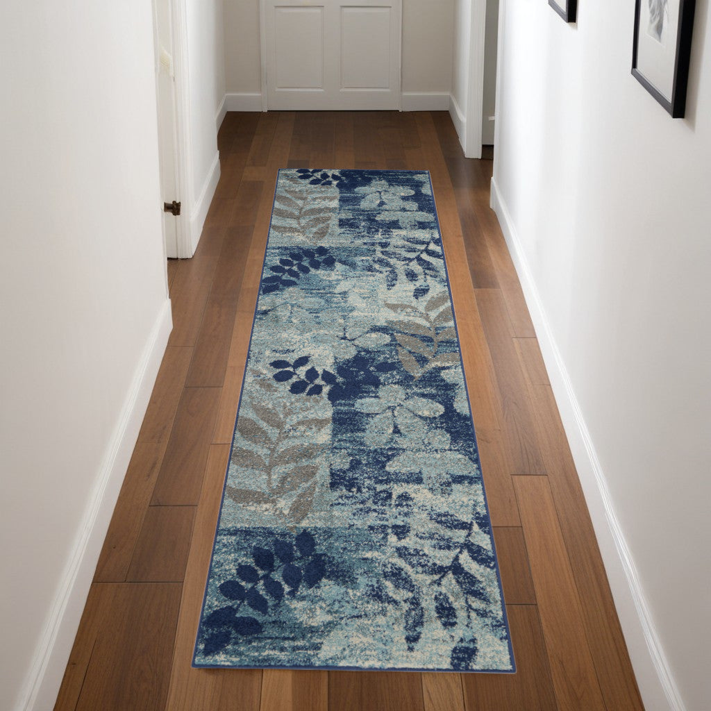 7 Navy Blue Light Blue and Gray Botanical Leaves Runner Rug