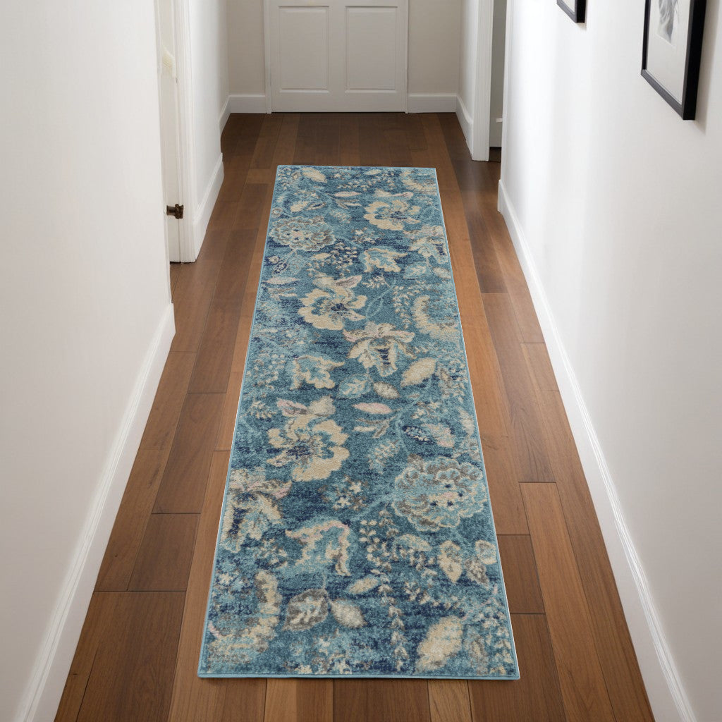 7 Turquoise Cream and Navy Blue Floral Distressed Runner Rug