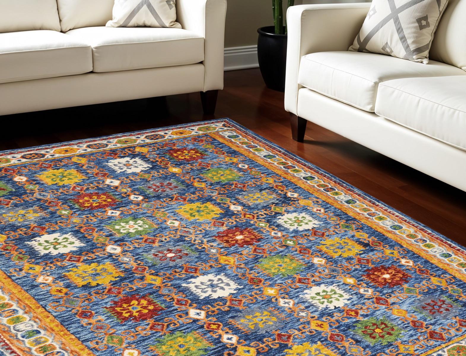 8 X 11 Navy Blue Orange And Green Wool Floral Hand Tufted Distressed Area Rug