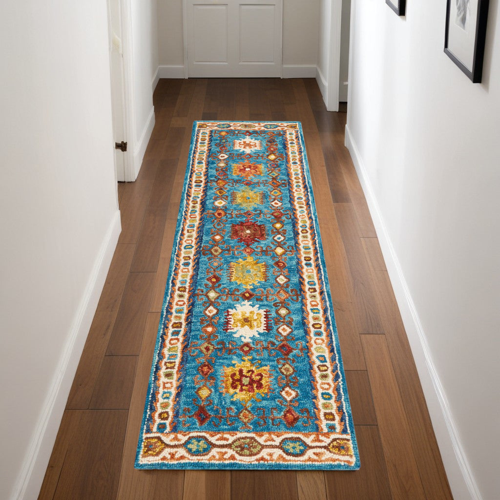 8 Navy Blue Orange And Green Wool Floral Hand Tufted Distressed Runner Rug