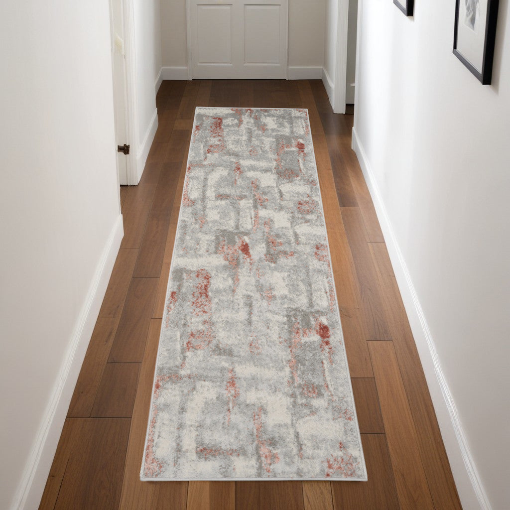 8 Gray and Red Abstract Non Skid Runner Rug