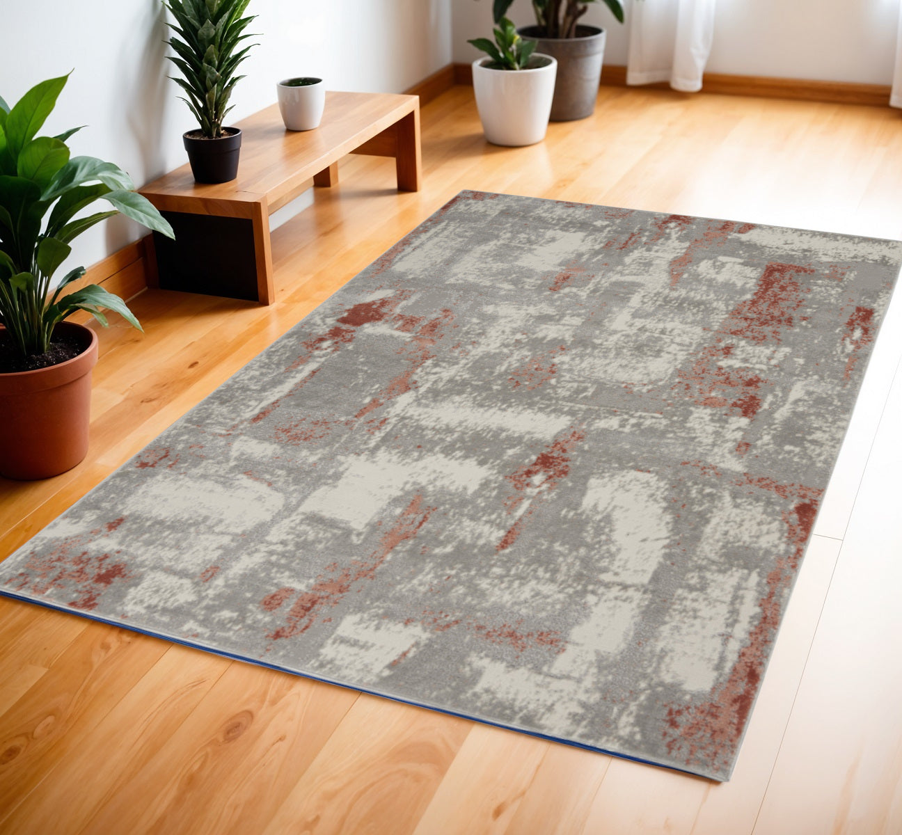 4 X 6 Gray and Red Abstract Non Skid Area Rug