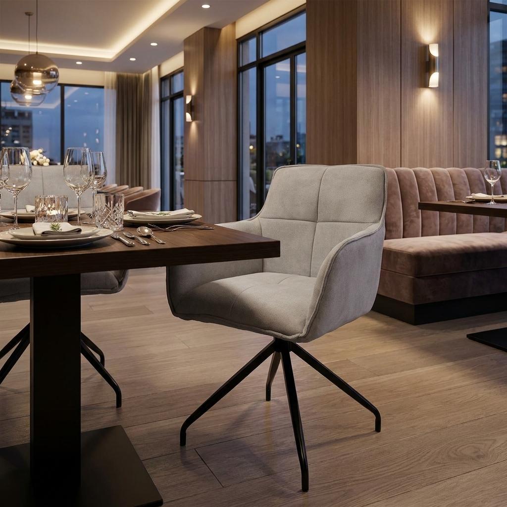 Beige And Black Tufted Fabric And Metal Swivel Dining Arm Chair