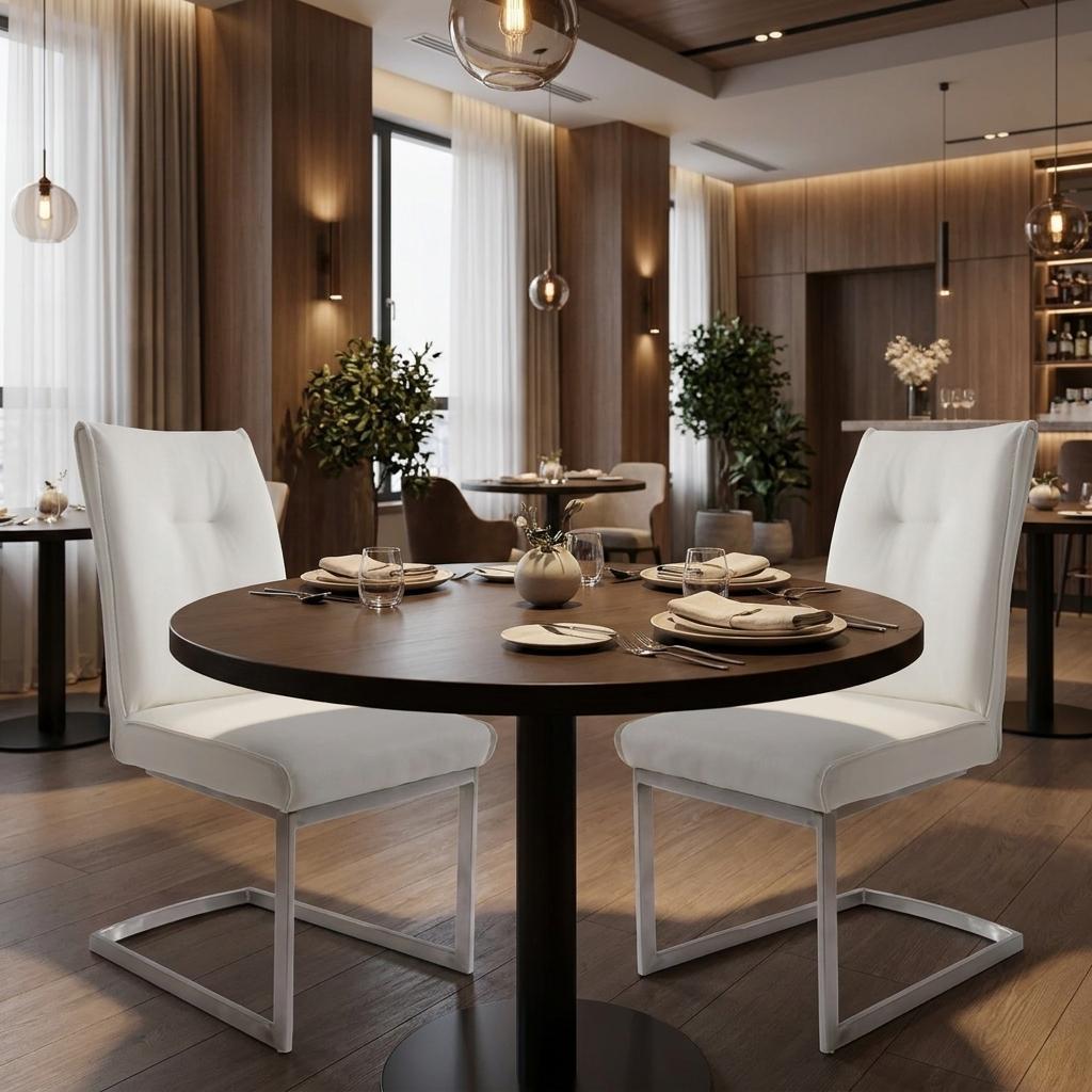 Set of Two White And Silver Tufted Faux Leather And Stainless Steel Dining Side Chairs