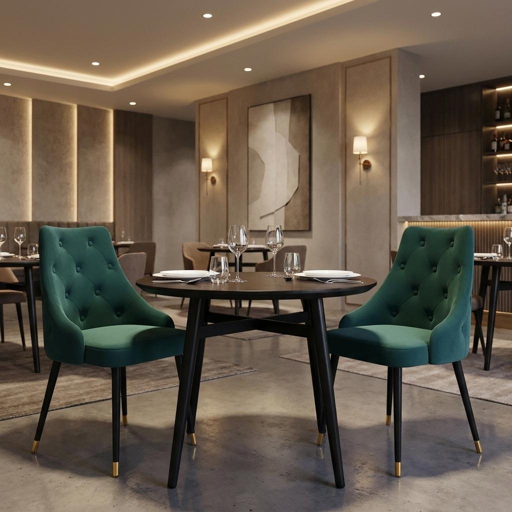 Set of Two Green And Black Tufted Fabric And Metal Dining Side Chairs