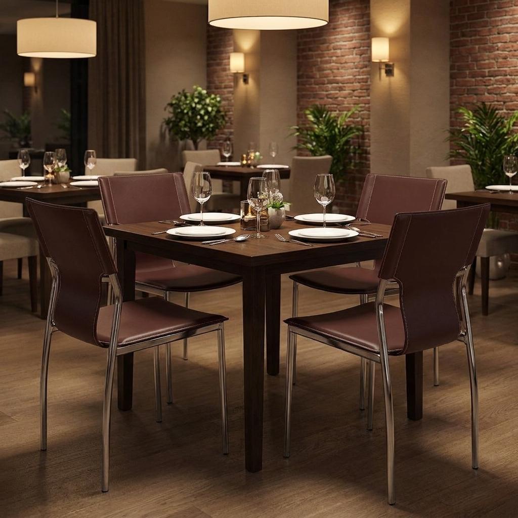 Set of Four Dark Brown And Silver Leather And Metal Partially Open Back Dining Side Chairs