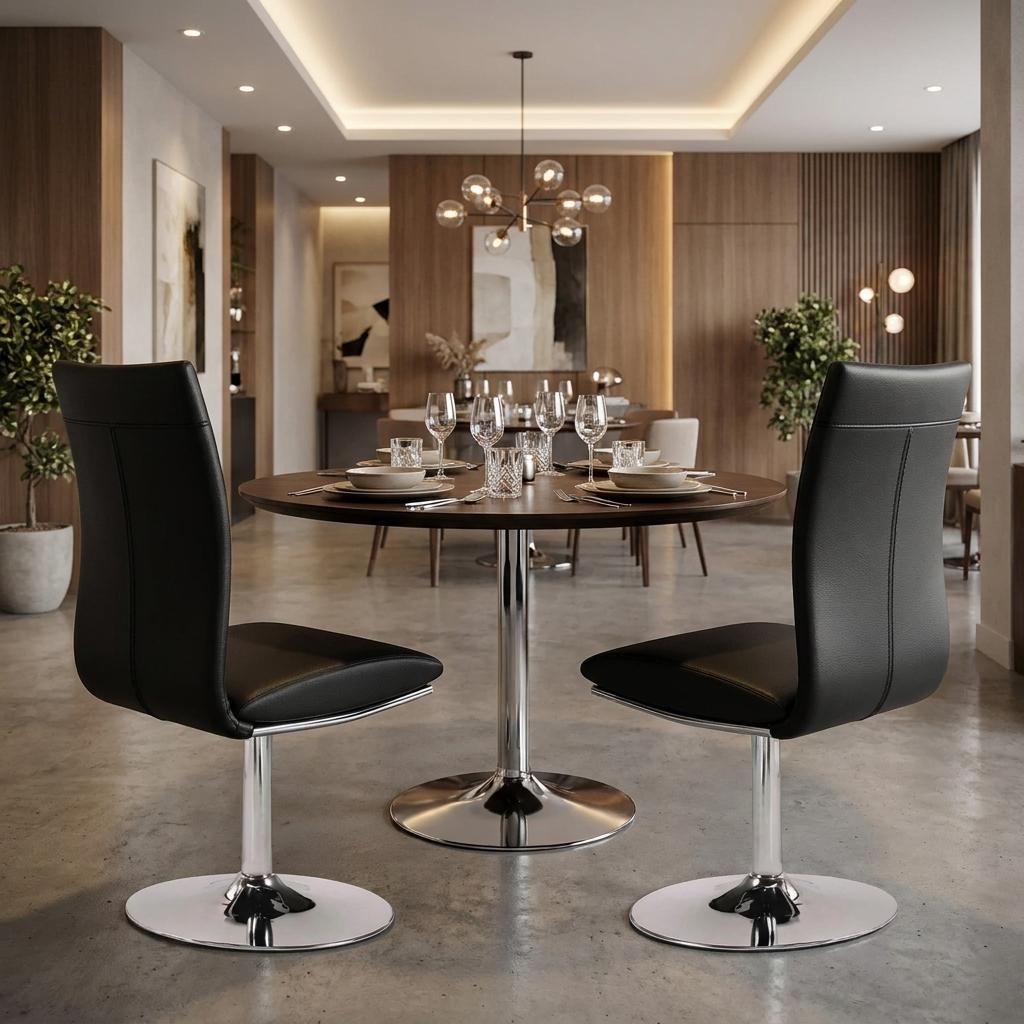 Set of Two Black And Silver Faux Leather And Metal Swivel Dining Side Chairs