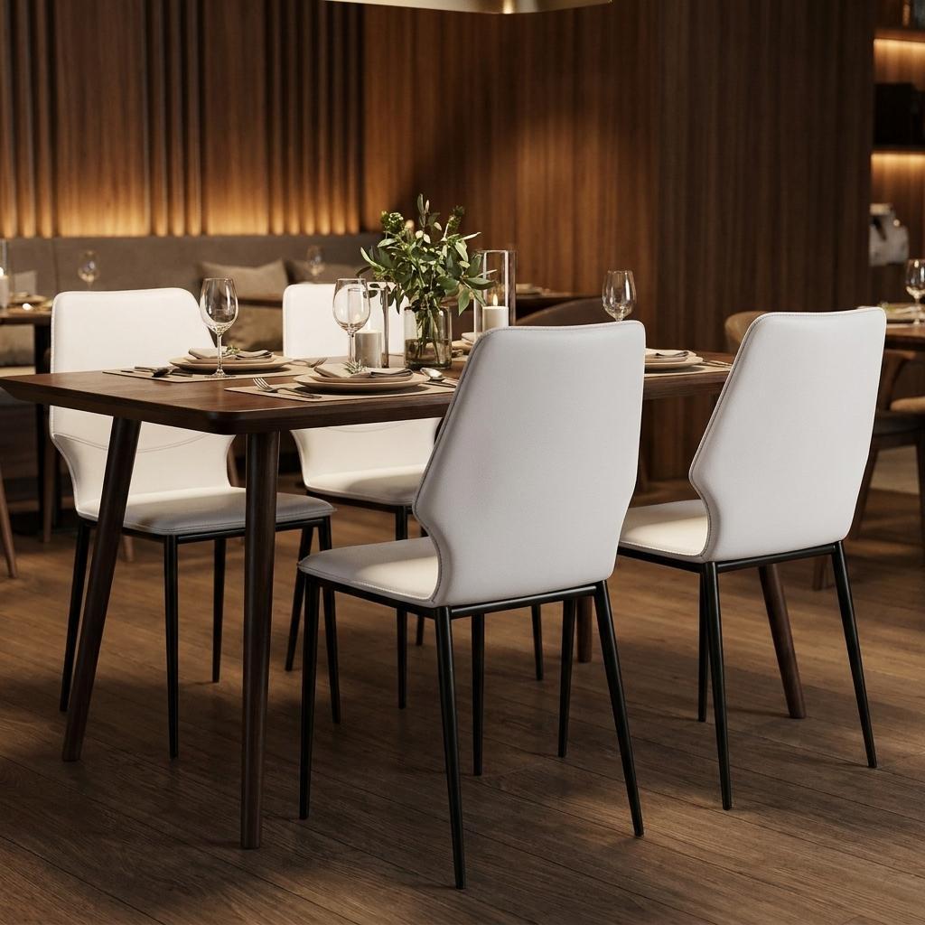 Set of Four White And Black Faux Leather And Heavy Duty Plastic Dining Side Chairs