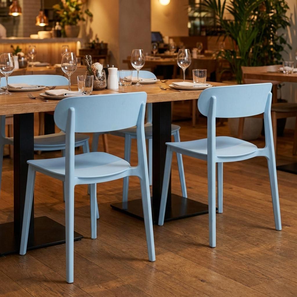 Set of Four Blue Heavy Duty Plastic Open Back Dining Side Chairs