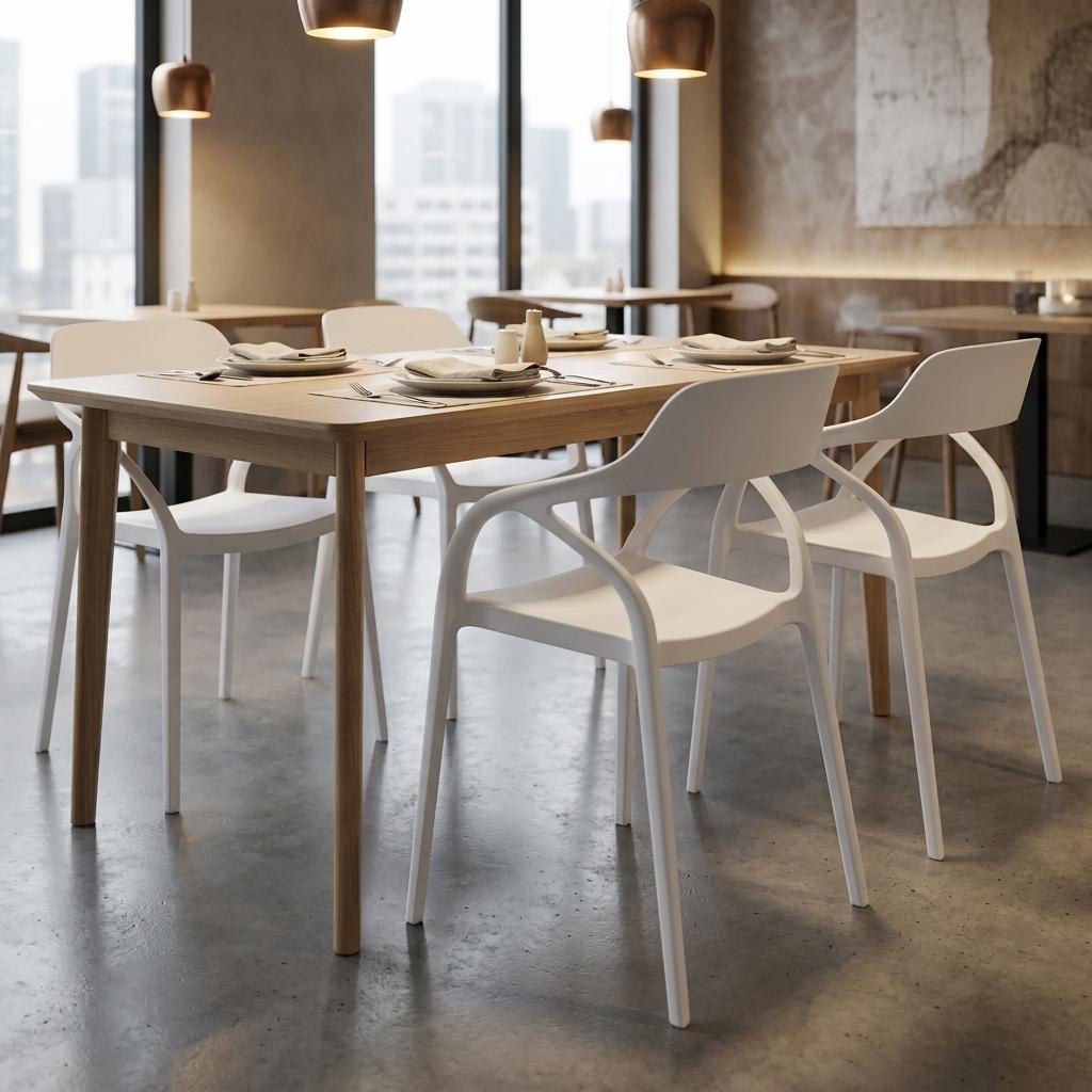 Set of Four White Heavy Duty Plastic Open Back Dining Arm Chairs