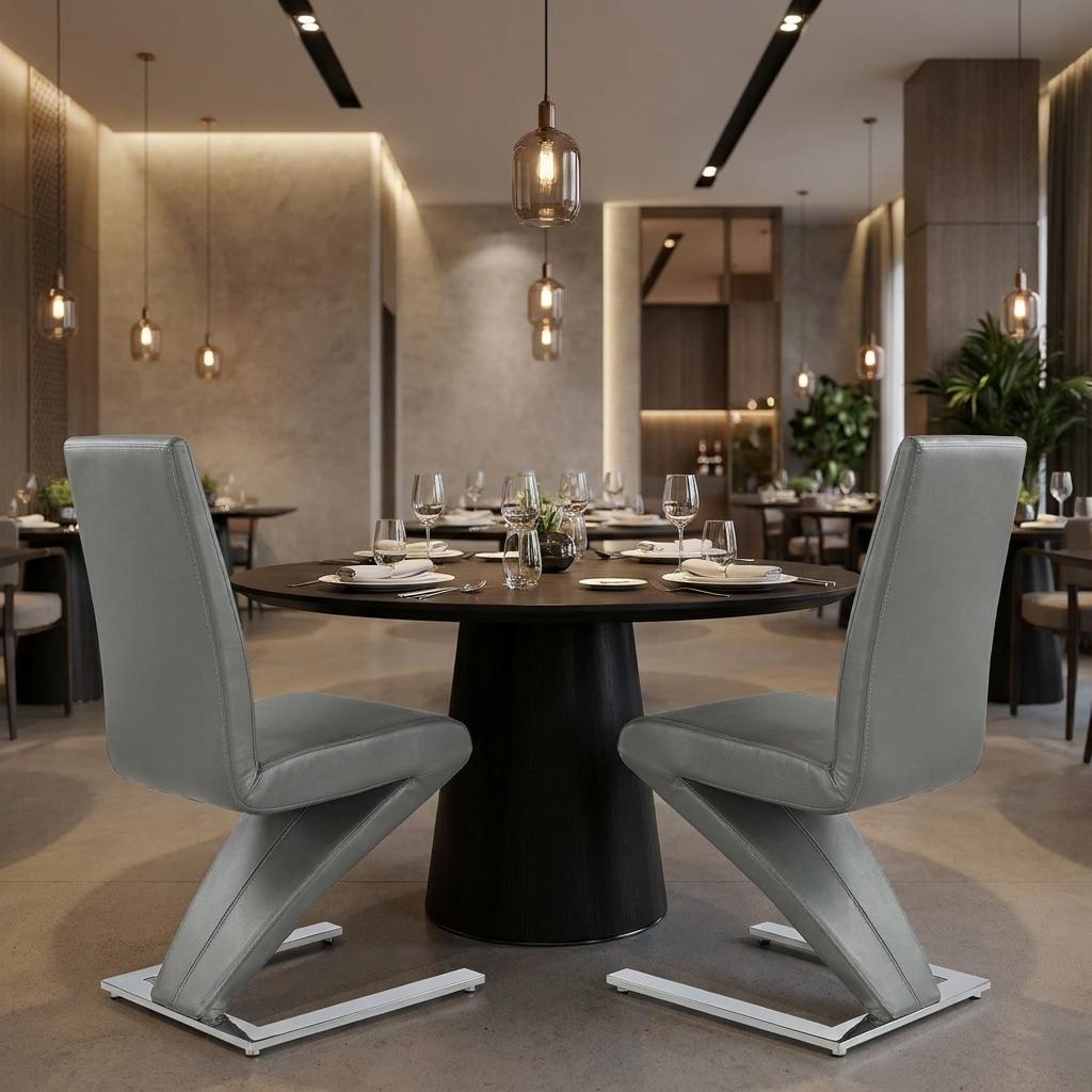 Set of Two Gray And Silver Faux Leather And Metal Dining Side Chairs