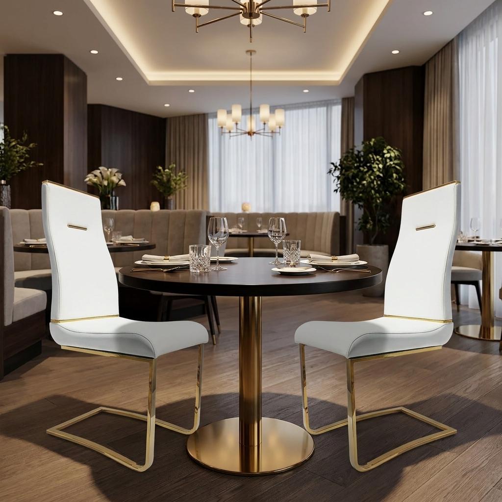 Set of Two White And Gold Faux Leather And Stainless Steel Dining Side Chairs