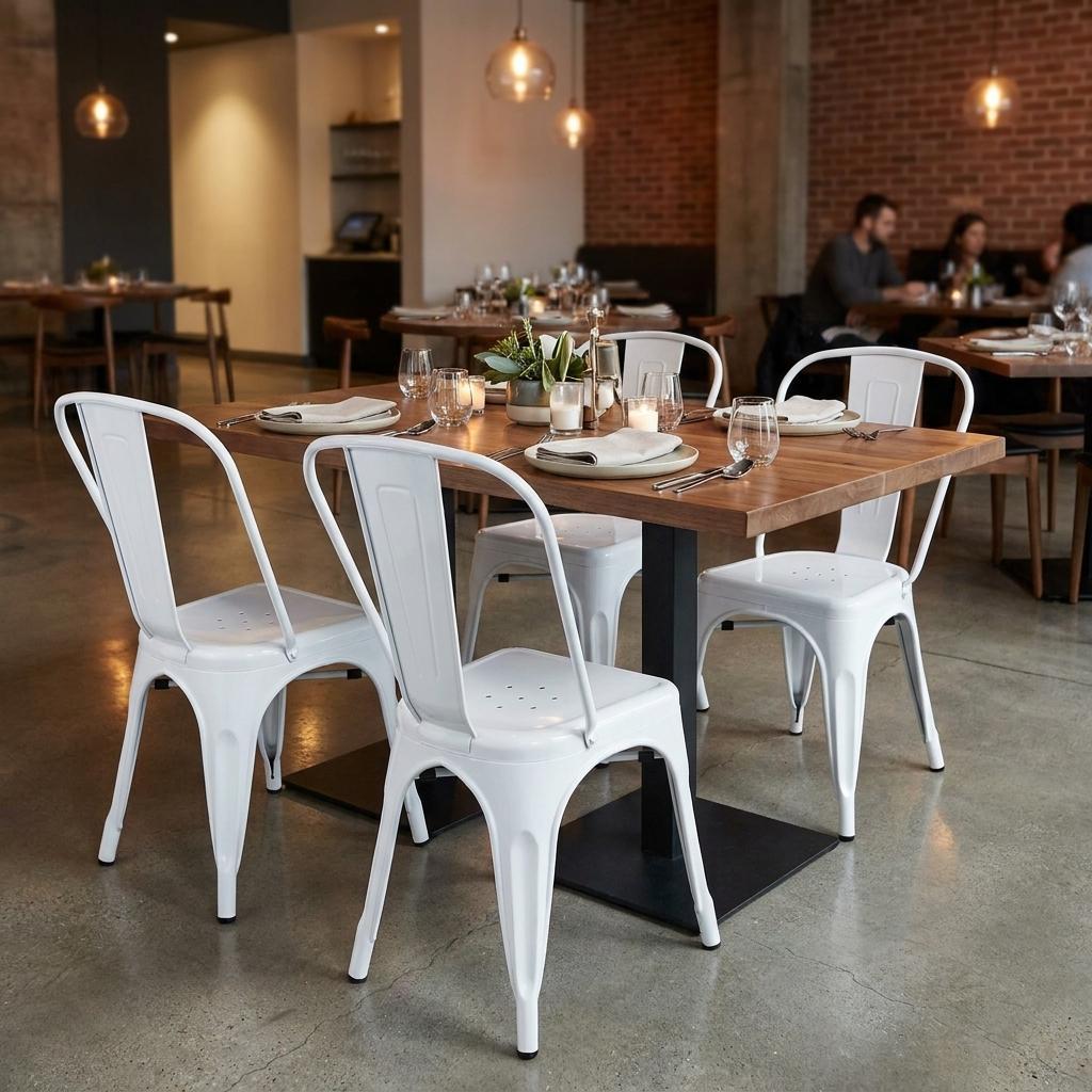 Set of Four White Metal Dining Side Chairs