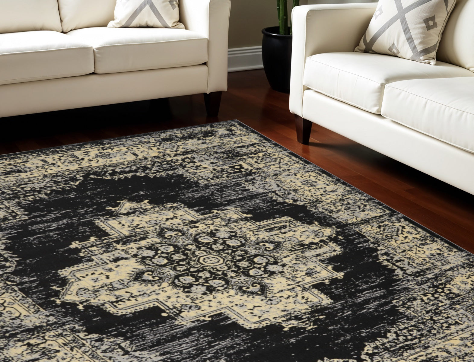 9 X 12 Black and Tan Medallion Distressed Non Skid Area Rug