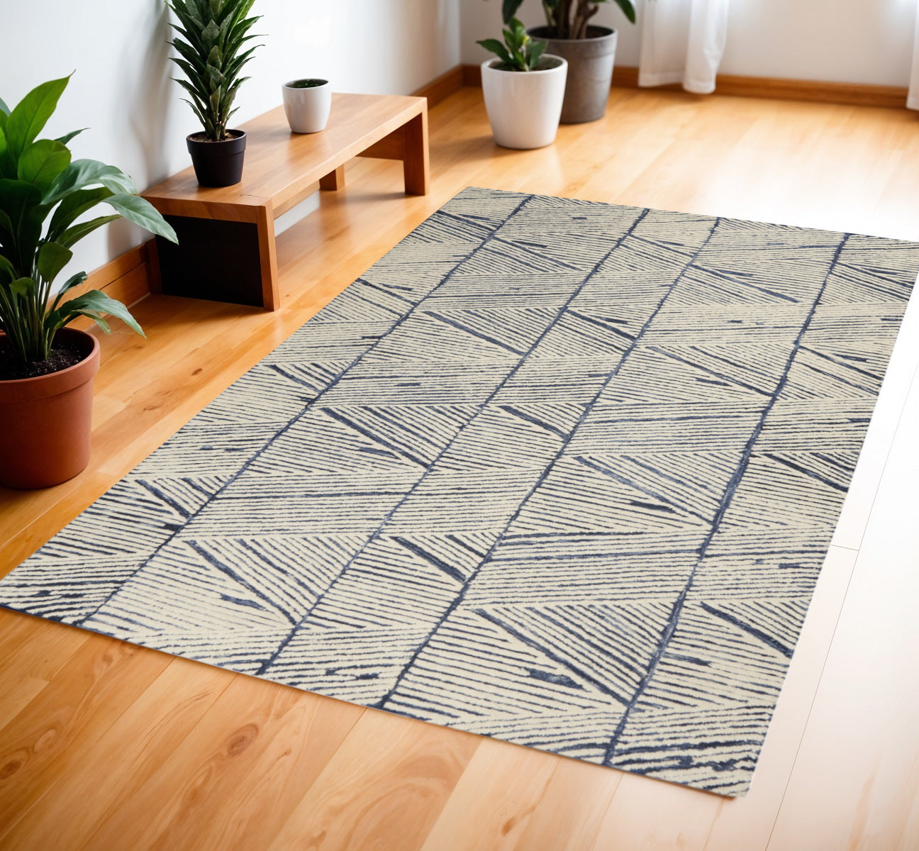 4 X 6 Blue and White Wool Abstract Area Rug