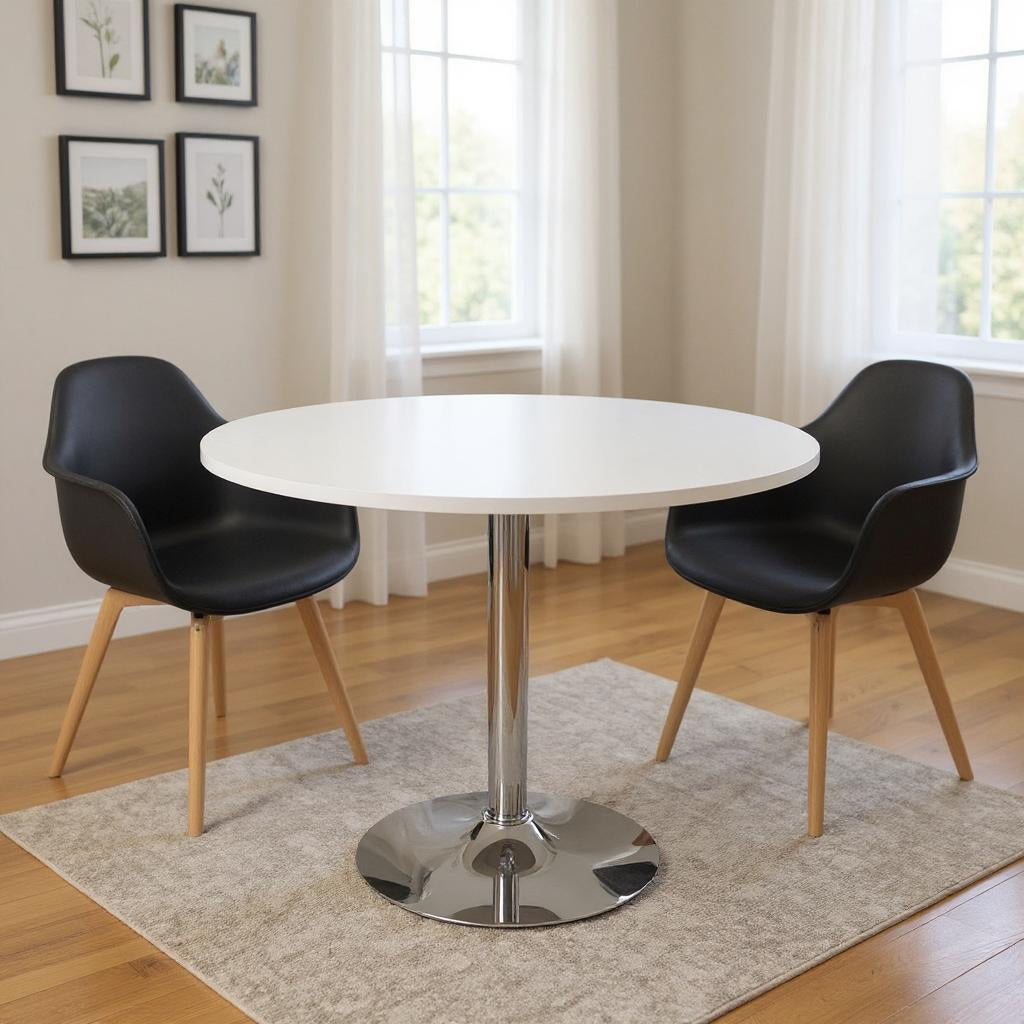 36 Black and Silver Wood and Metal Pedestal Base Round Top Dining Table