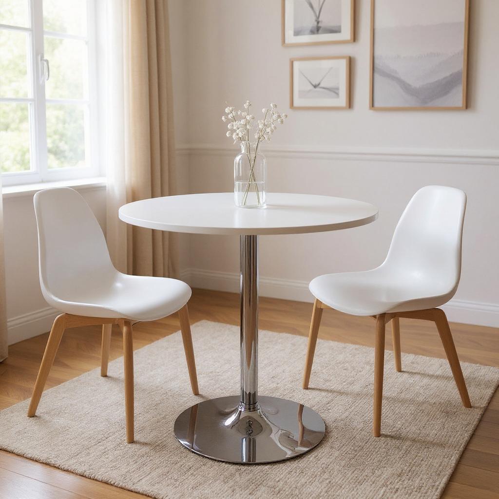 36 White and Silver Wood and Metal Pedestal Base Round Top Dining Table