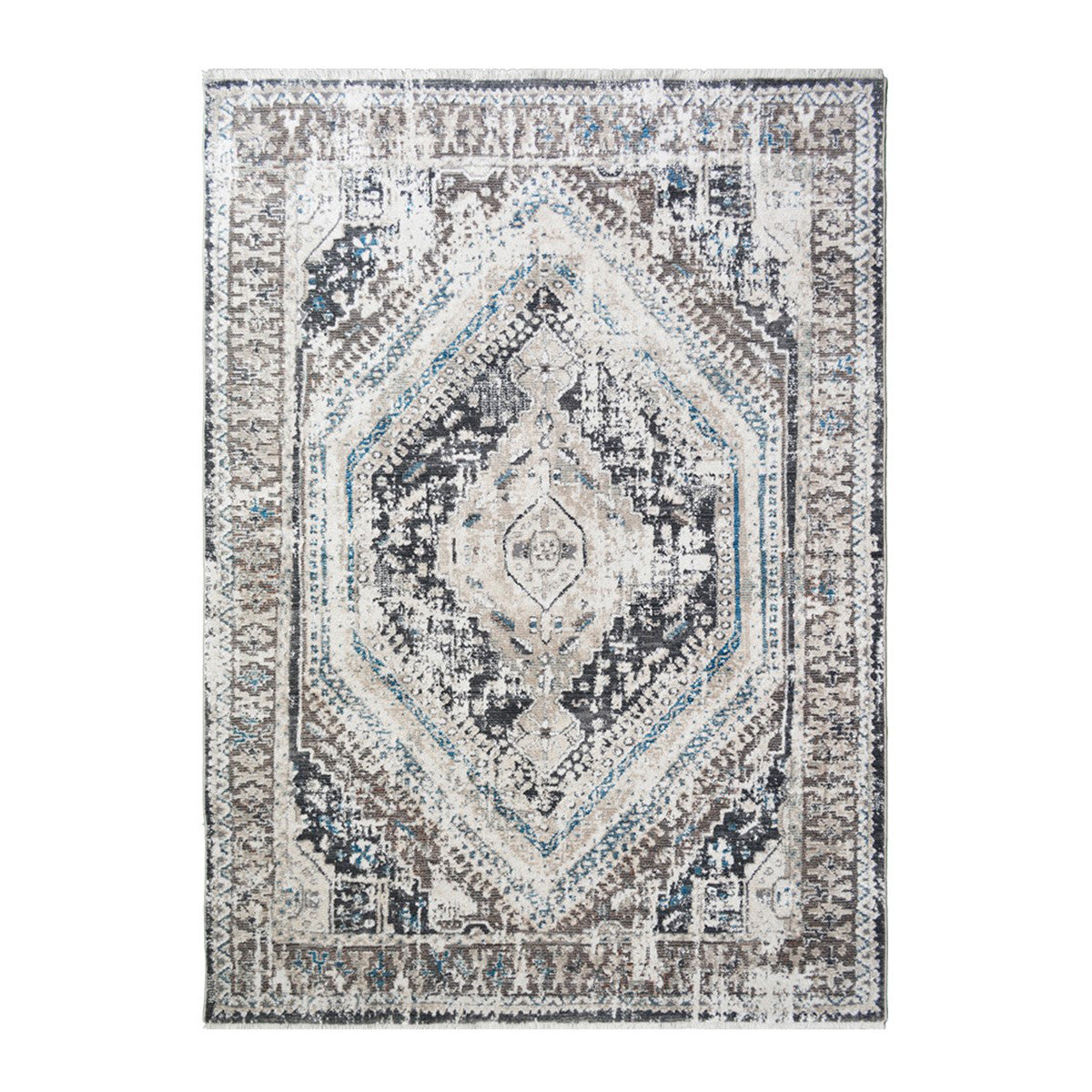 9 X 13 Gray Beige and Blue Geometric Distressed Area Rug With Fringe