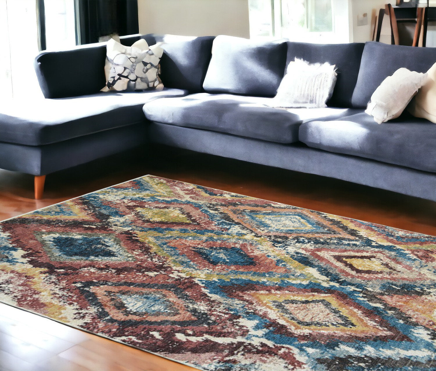 9 X 13 Blue Geometric Distressed Area Rug With Fringe