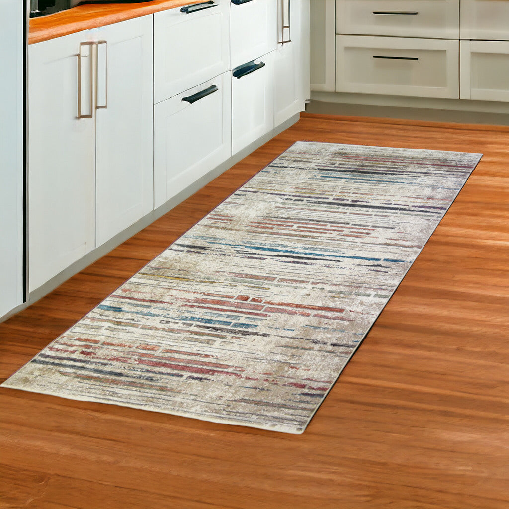 8 Beige Geometric Distressed Runner Rug With Fringe