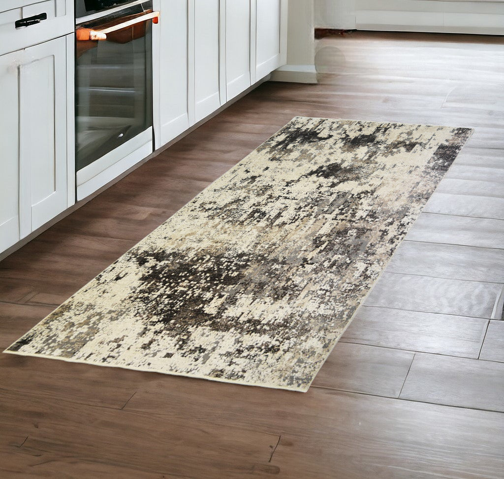 8 Black Abstract Distressed Runner Rug With Fringe