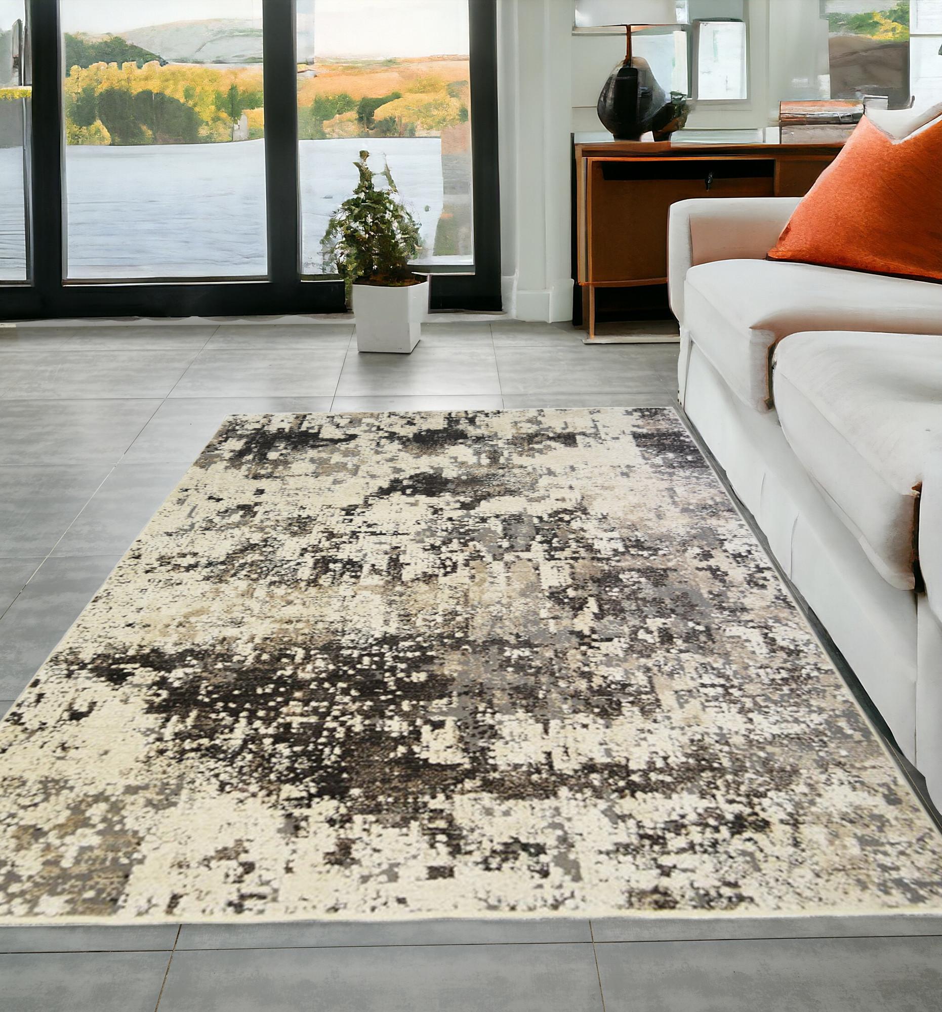 5 X 8 Black Abstract Distressed Area Rug With Fringe