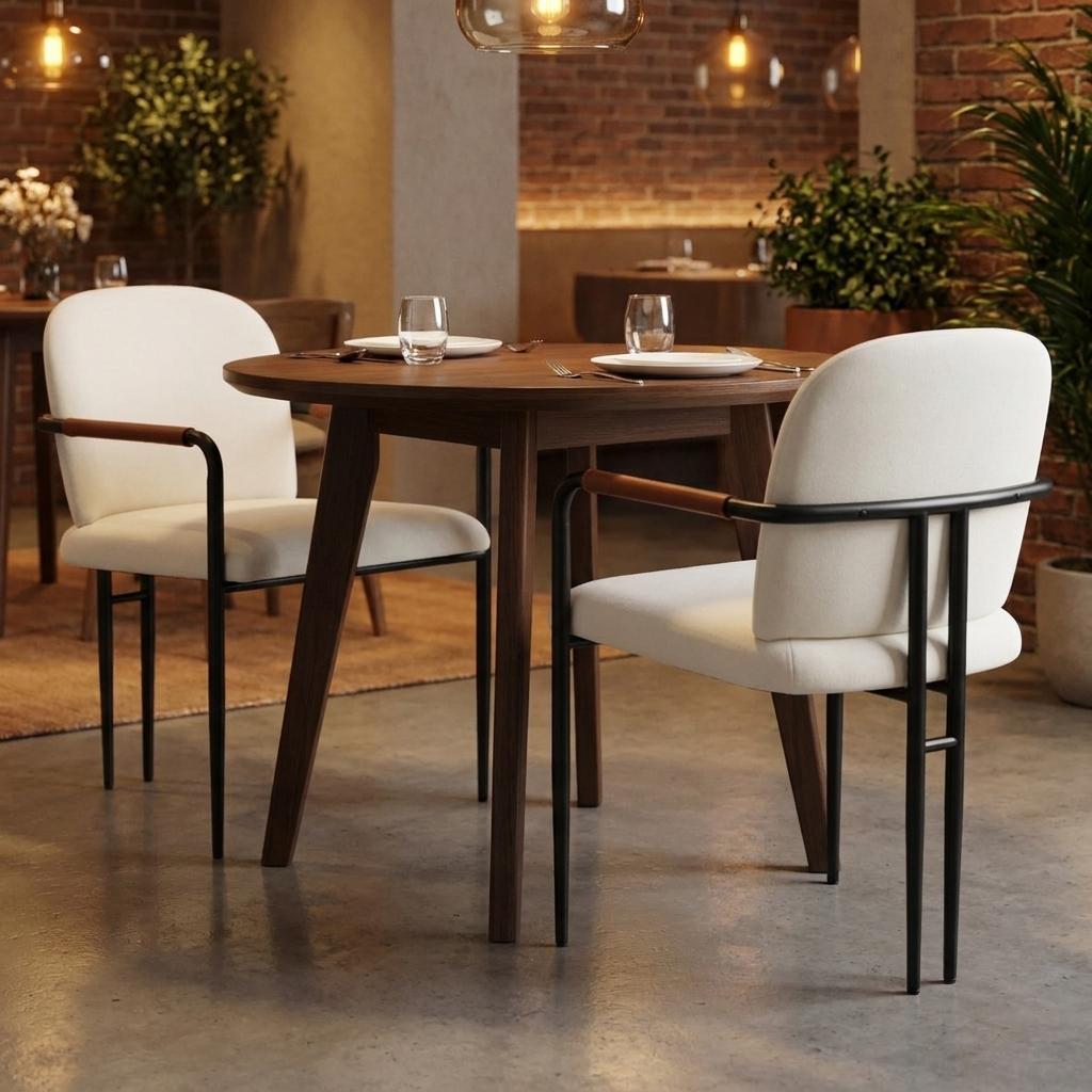 Set of Two Cream And Black Fabric And Steel Dining Arm Chairs