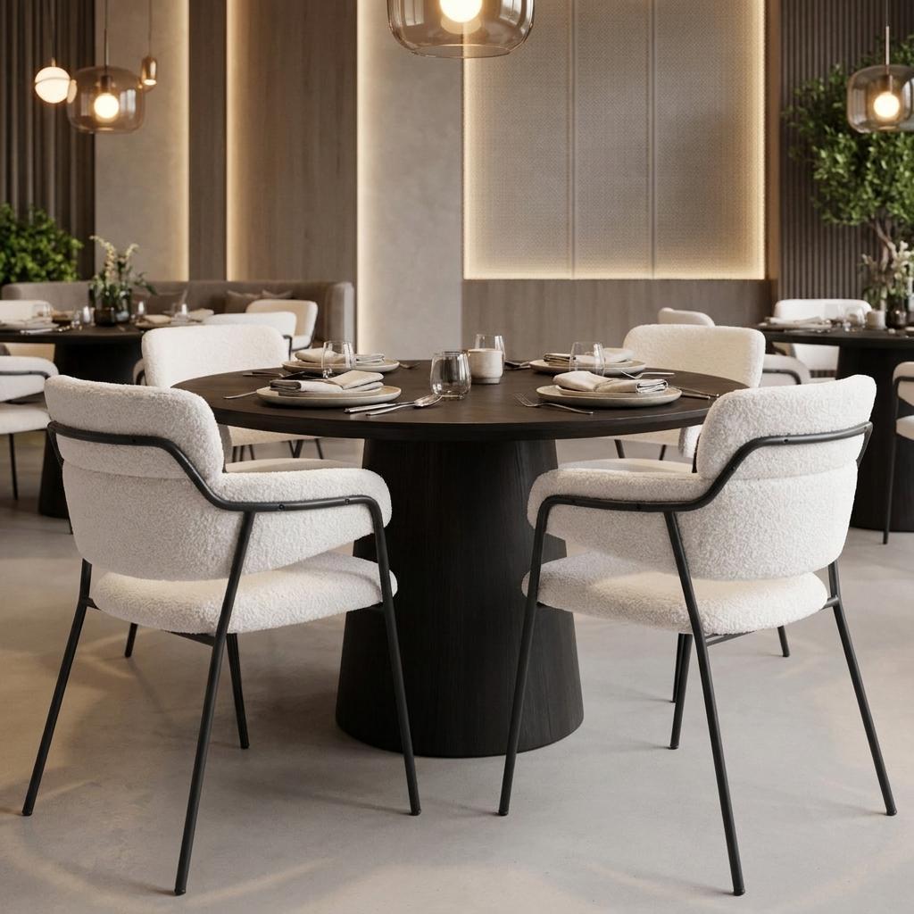 Set of Two Cream And Black Faux Shearling And Steel Dining Arm Chairs