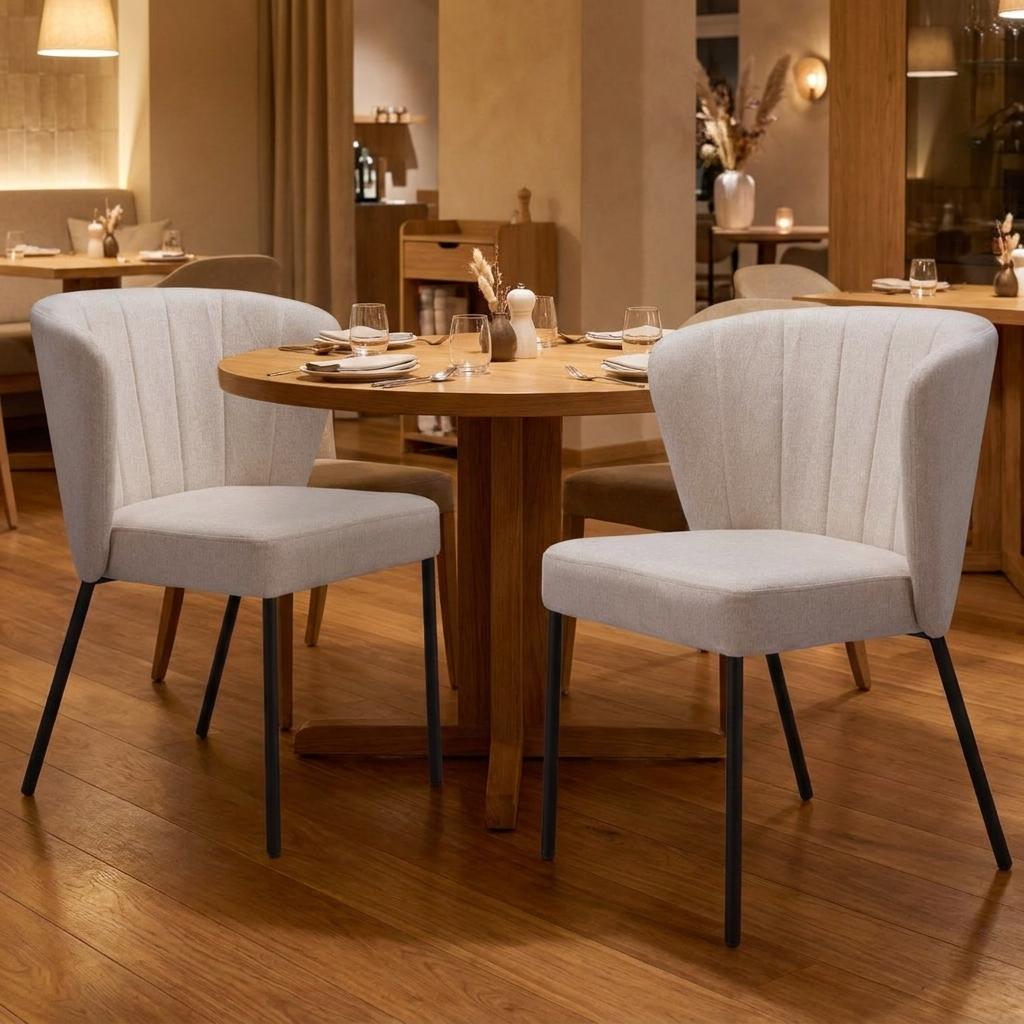 Set of Two Beige And Black Tufted Faux Linen And Steel Dining Side Chairs
