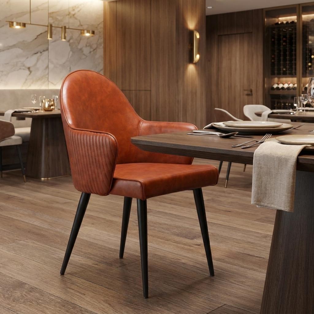Brown And Black Faux Leather And Steel Dining Arm Chair