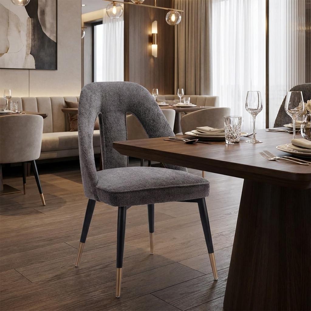 Gray Black And Gold Faux Shearling And Wood And Steel Open Back Dining Side Chair
