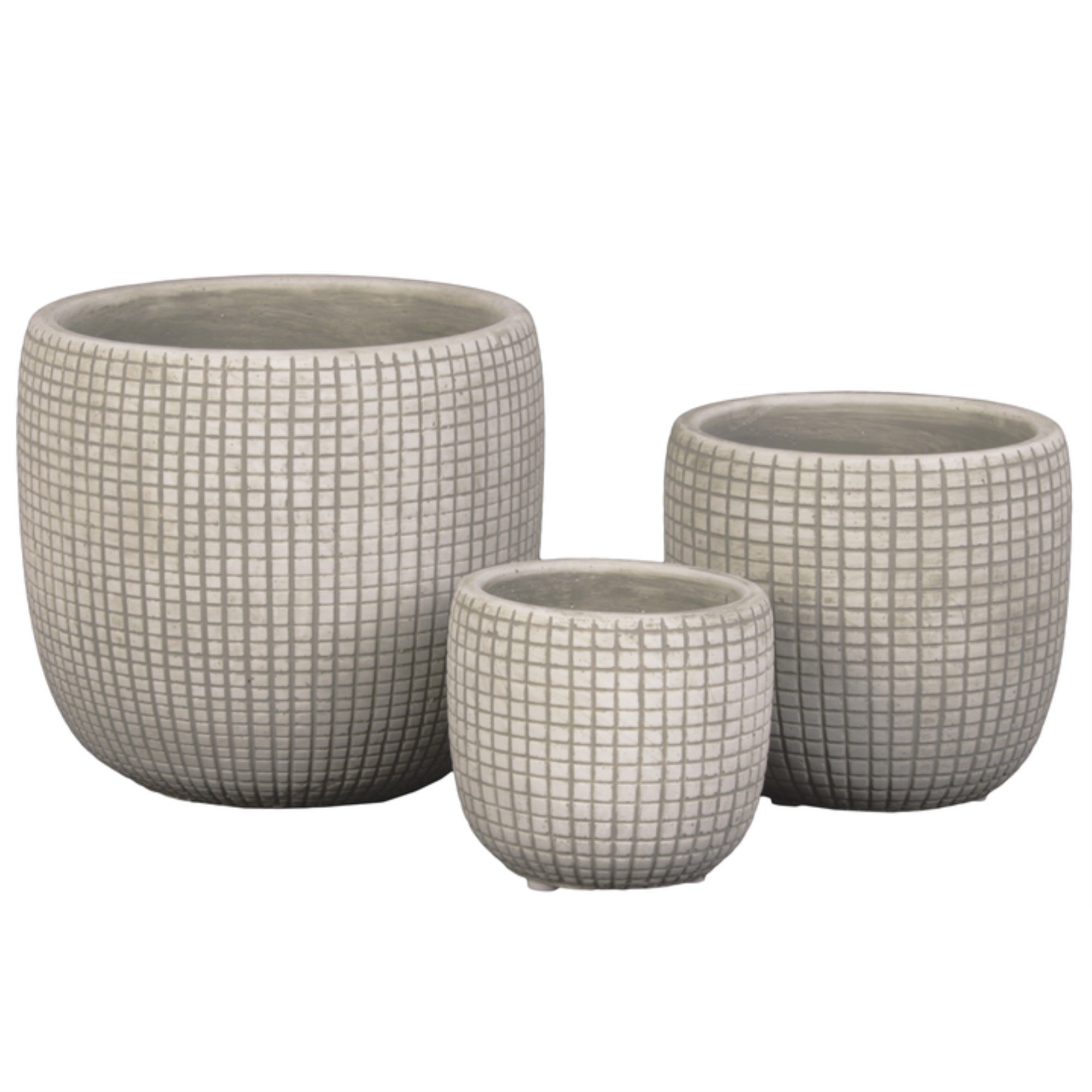 Cement Round Pot With Etched Square Lattice Design Body And Tapered Bottom Set Of Three Washed Concrete Finish Cream