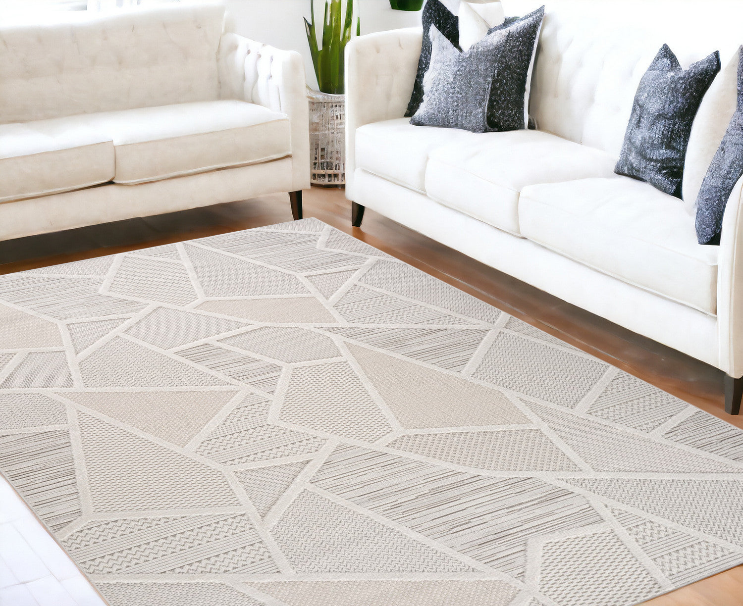 5 X 8 Cream and Beige Geometric Distressed Area Rug