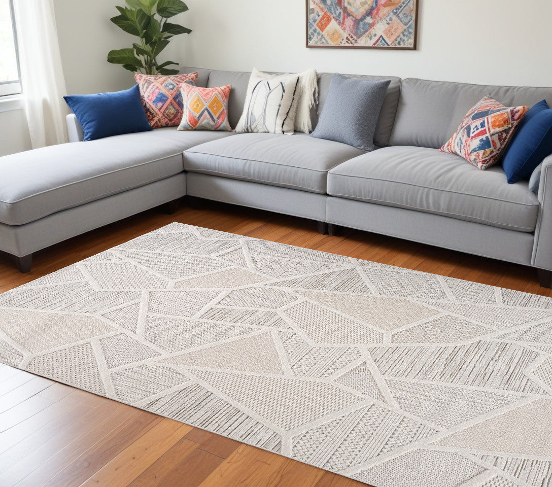 7 X 10 Cream and Beige Geometric Distressed Area Rug