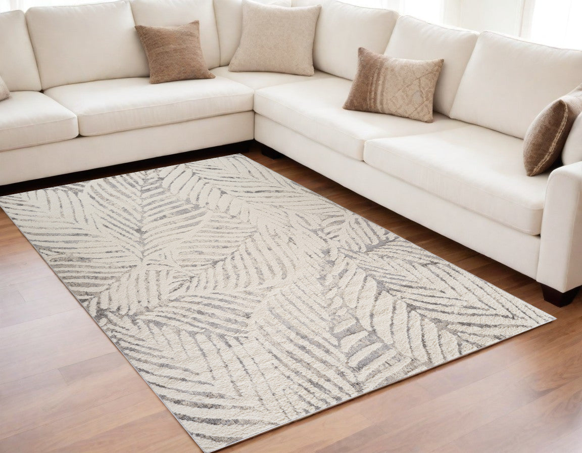5 X 8 Gray and Cream Botanical Leaves Area Rug