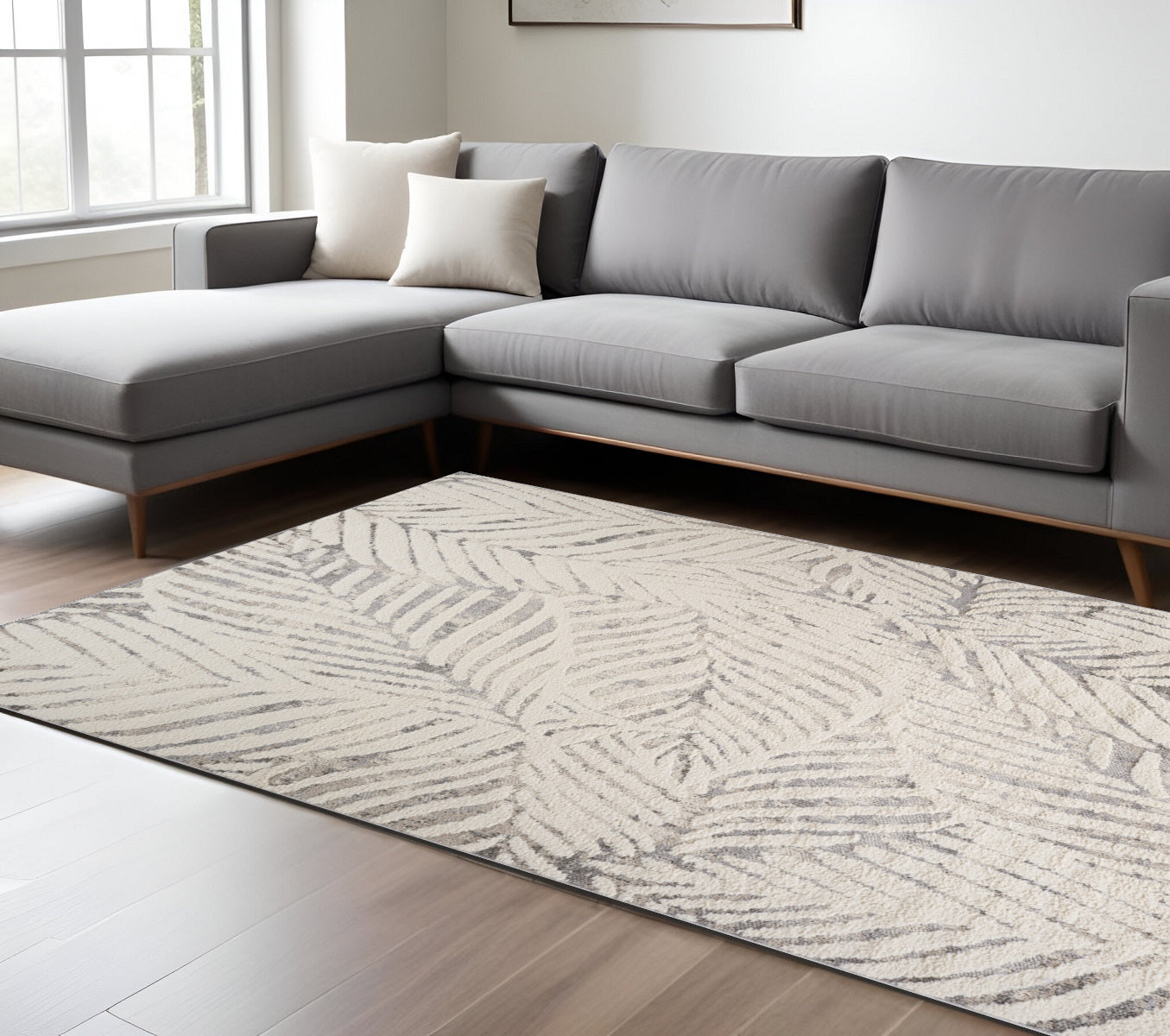 7 X 10 Gray and Cream Botanical Leaves Area Rug