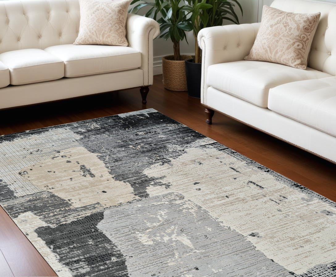 7 X 10 Beige and Black Abstract Distressed Area Rug