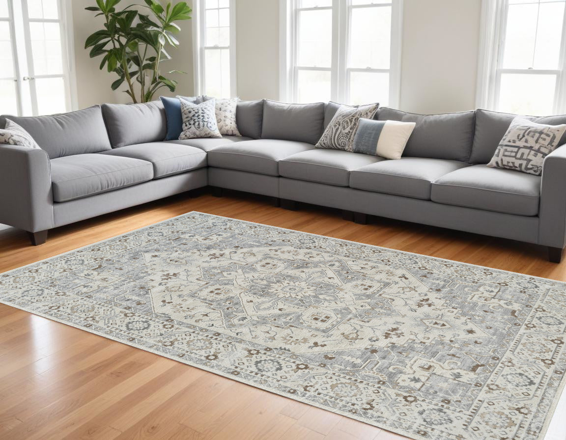 8 X 11 Gray and Beige Oriental Distressed Area Rug