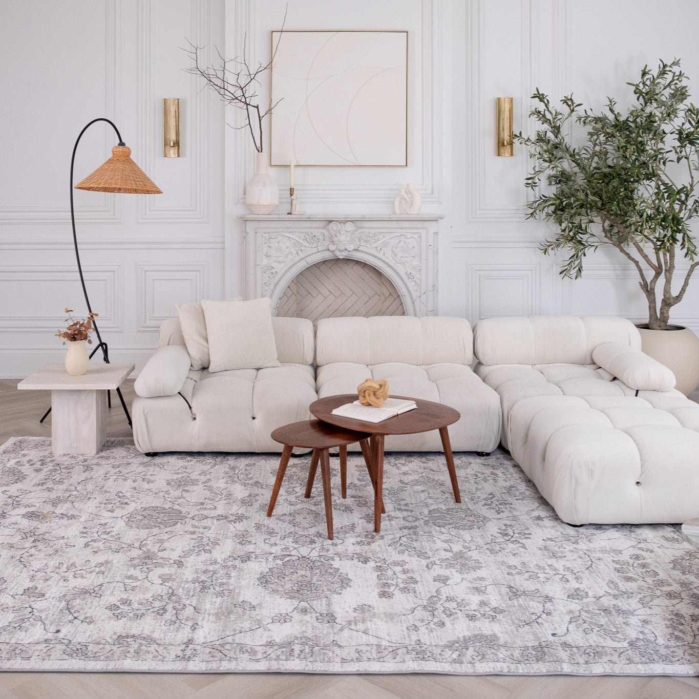7 X 10 Beige and Gray Floral Distressed Area Rug