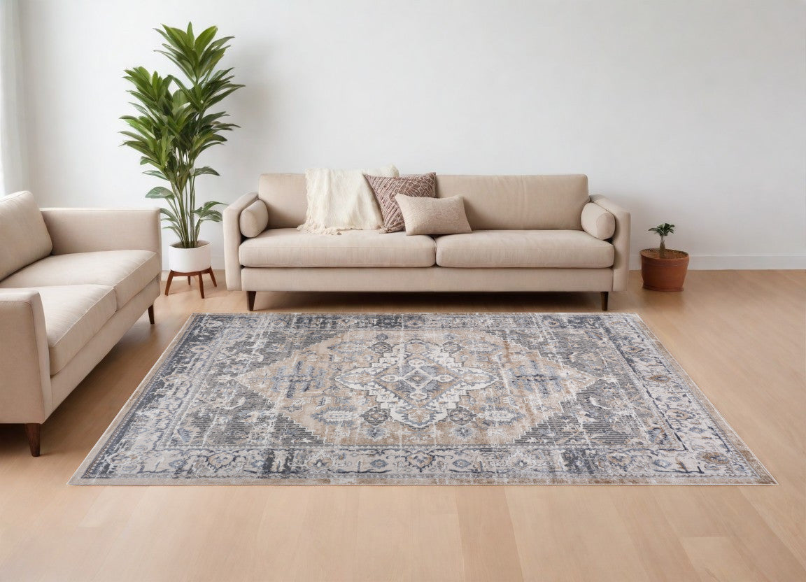 8 X 11 Gray and Brown Oriental Distressed Area Rug