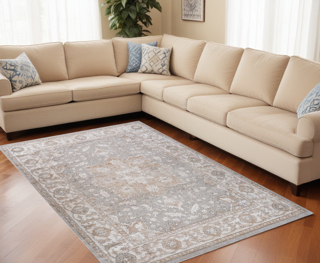 5 X 8 Beige and Gray Oriental Distressed Area Rug