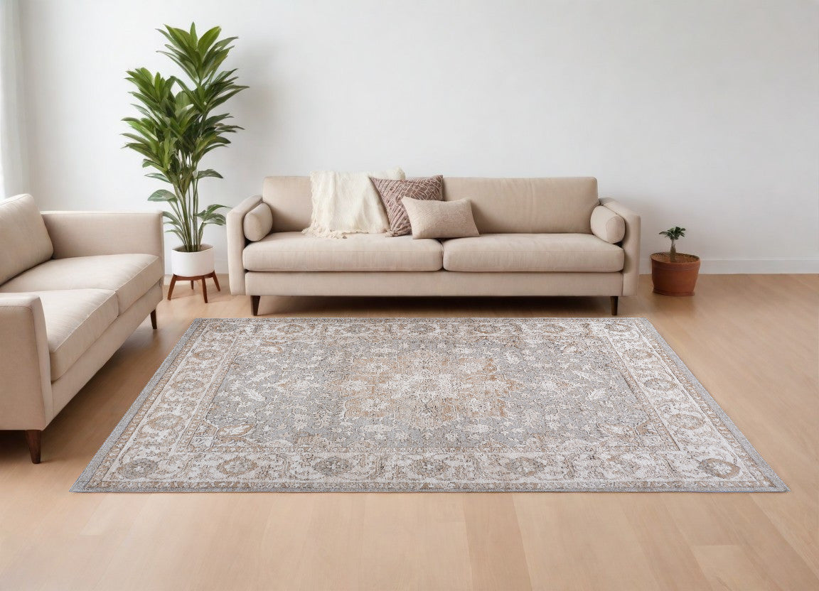 8 X 11 Beige and Gray Oriental Distressed Area Rug