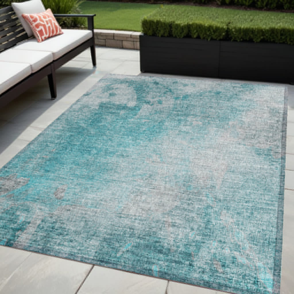 5 X 8 Teal Abstract Washable Non Skid Indoor Outdoor Area Rug