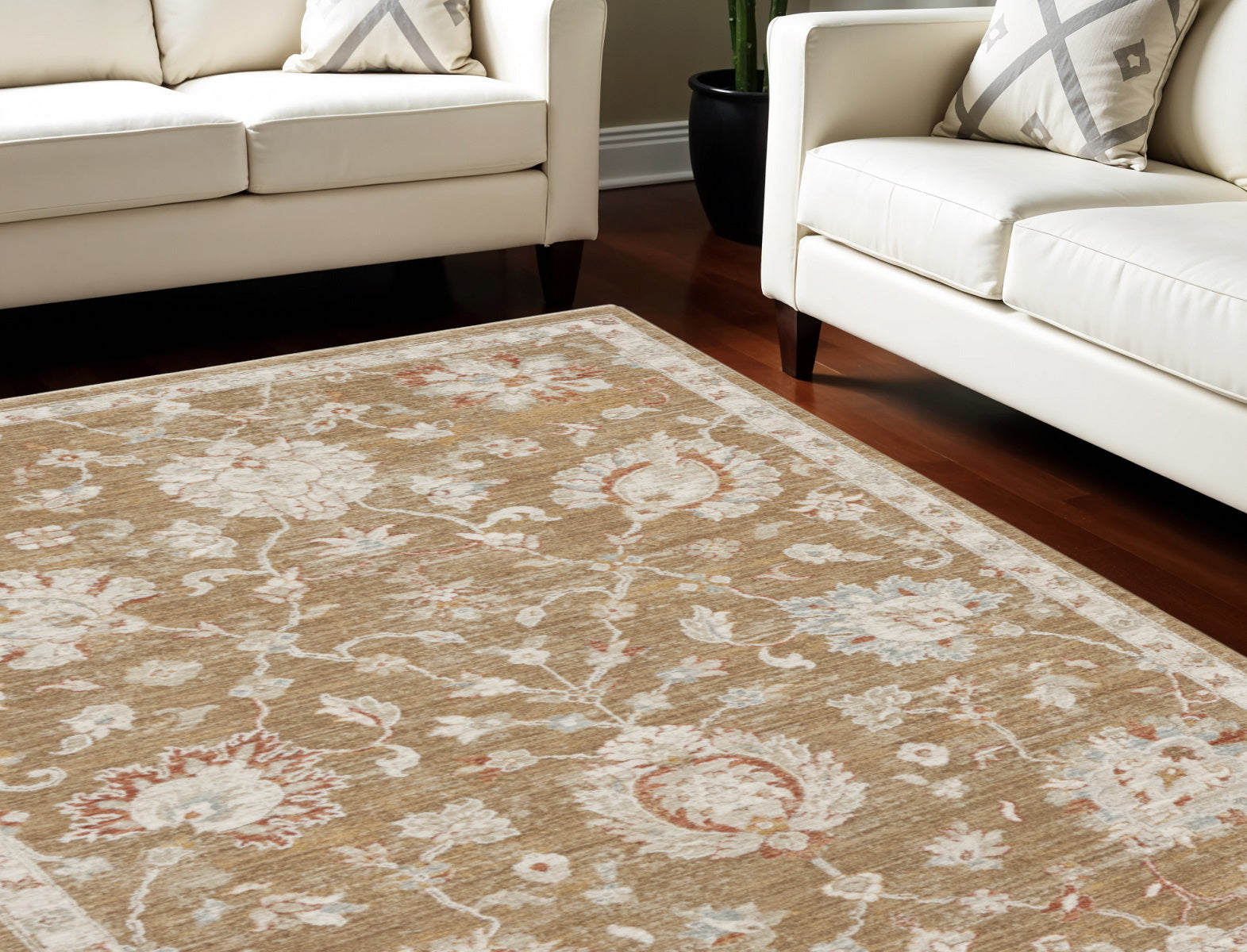 9 X 13 Brown Floral Power Loom Distressed Area Rug With Fringe